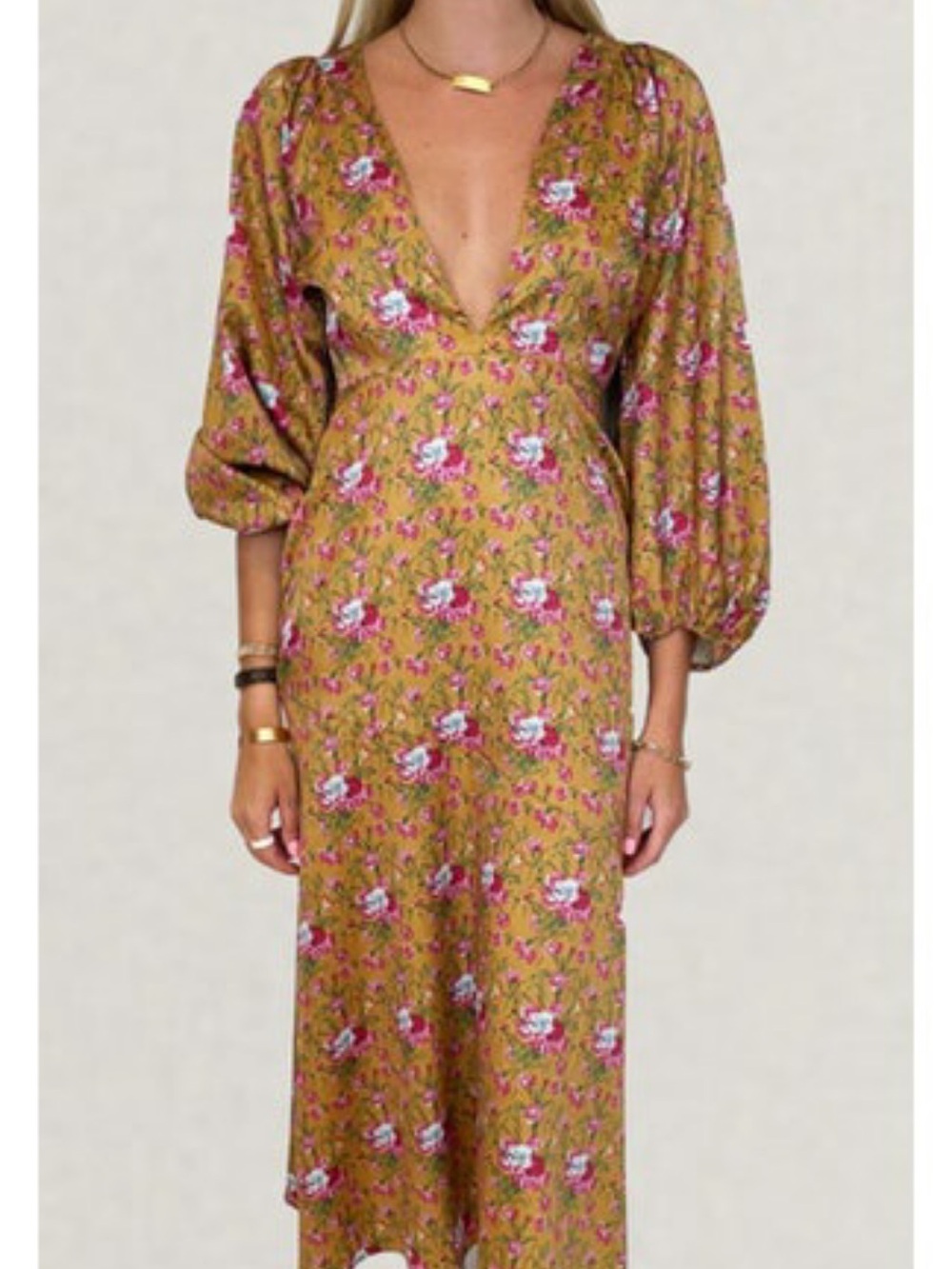 LoveShackFancy Mustard Floral V-Neck Midi Dress with Pink Blooms